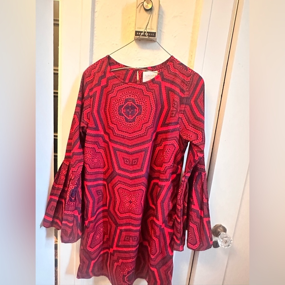 Compania Fantastica Red & Navy Geometric Bell Sleeve Tunic Dress Size Medium
